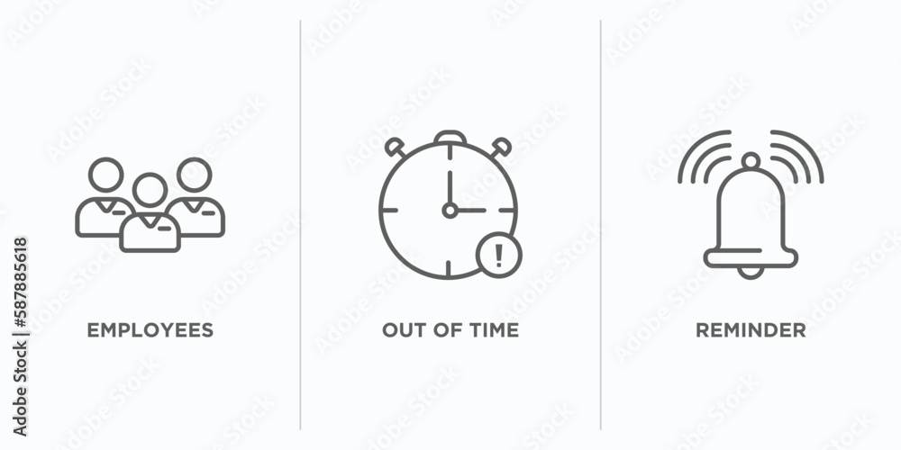Poster time management outline icons set. thin line icons such as employees, out of time, reminder vector. 