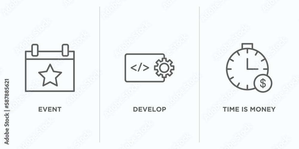 Poster time management outline icons set. thin line icons such as event, develop, time is money vector. lin