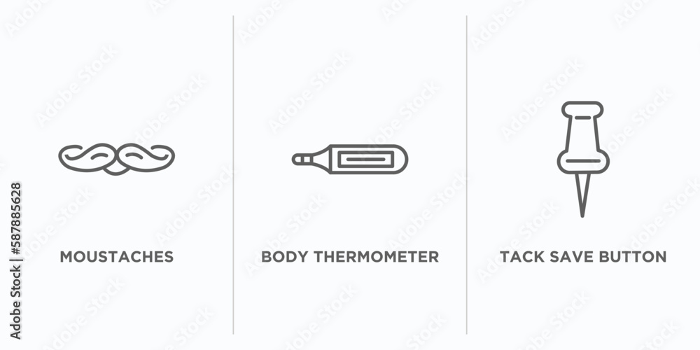 Poster tools and utensils outline icons set. thin line icons such as moustaches, body thermometer, tack sav