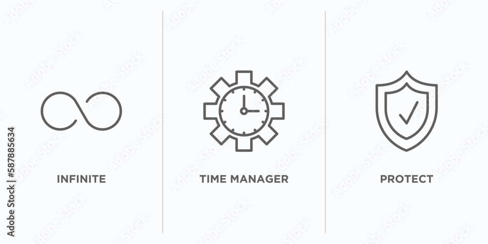 Poster time management outline icons set. thin line icons such as infinite, time manager, protect vector. l