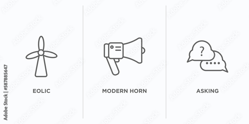 Poster technology outline icons set. thin line icons such as eolic, modern horn, asking vector. linear icon