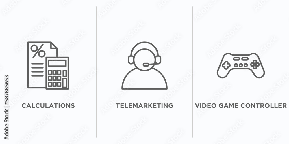 Poster technology outline icons set. thin line icons such as calculations, telemarketing, video game contro