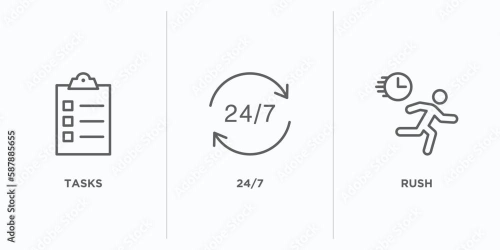 Poster time management outline icons set. thin line icons such as tasks, 24/7, rush vector. linear icon she