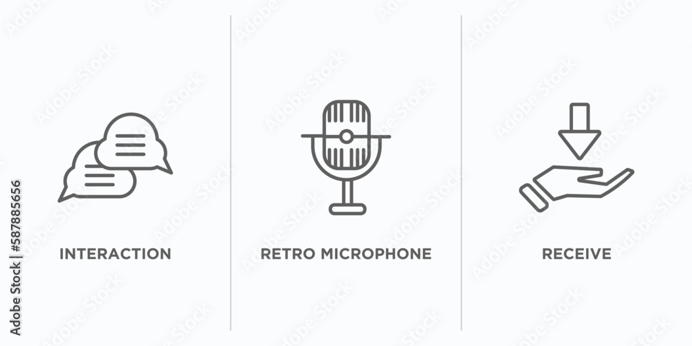Poster technology outline icons set. thin line icons such as interaction, retro microphone, receive vector.