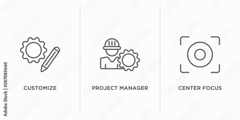 Poster technology outline icons set. thin line icons such as customize, project manager, center focus vecto
