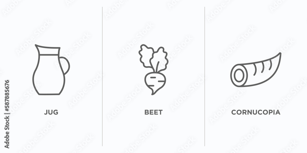Poster thanksgiving outline icons set. thin line icons such as jug, beet, cornucopia vector. linear icon sh