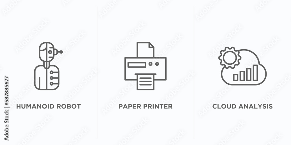 Poster technology outline icons set. thin line icons such as humanoid robot, paper printer, cloud analysis 