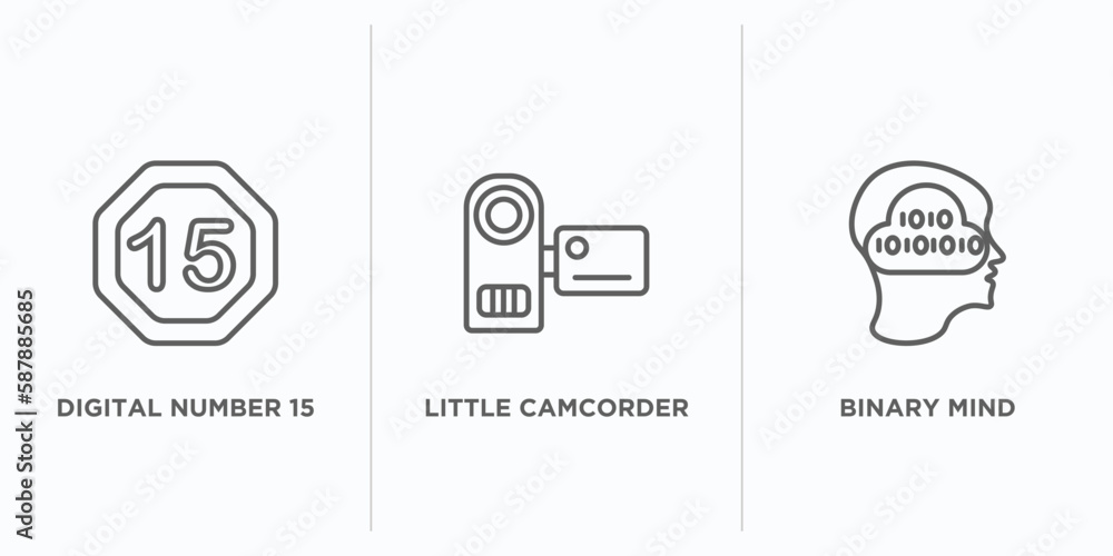 Poster technology outline icons set. thin line icons such as digital number 15, little camcorder, binary mi