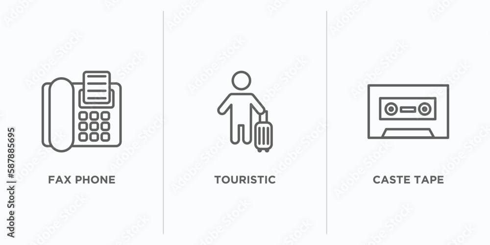 Poster technology outline icons set. thin line icons such as fax phone, touristic, caste tape vector. linea