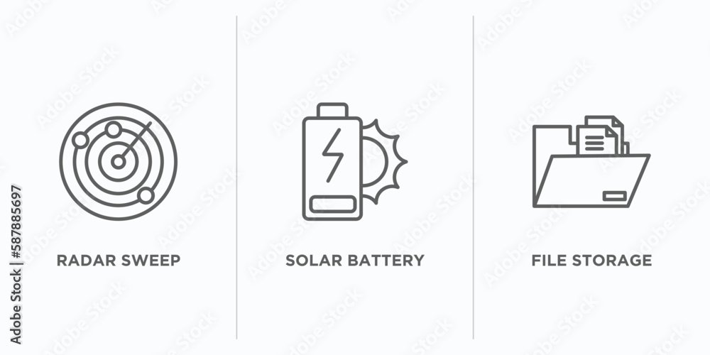 Poster technology outline icons set. thin line icons such as radar sweep, solar battery, file storage vecto