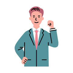 人物_ビジネス03_男性_上半身_腰に手をあて拳を上げる_左手