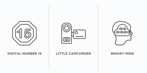 technology outline icons set. thin line icons such as digital number 15, little camcorder, binary mind vector. linear icon sheet can be used web and mobile