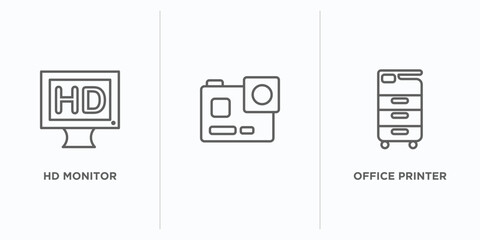 technology outline icons set. thin line icons such as hd monitor, , office printer vector. linear icon sheet can be used web and mobile