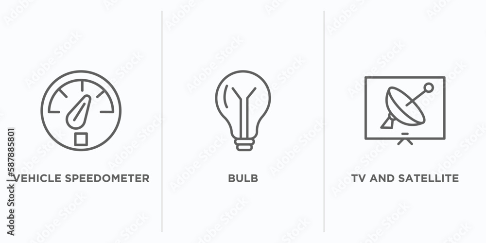 Poster technology outline icons set. thin line icons such as vehicle speedometer, bulb, tv and satellite ve
