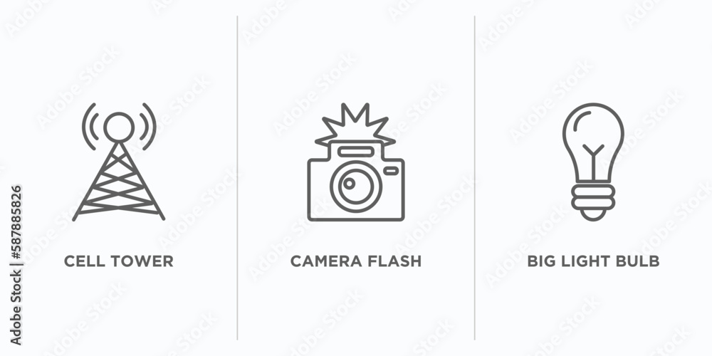 Aufkleber technology outline icons set. thin line icons such as cell tower, camera flash, big light bulb vecto