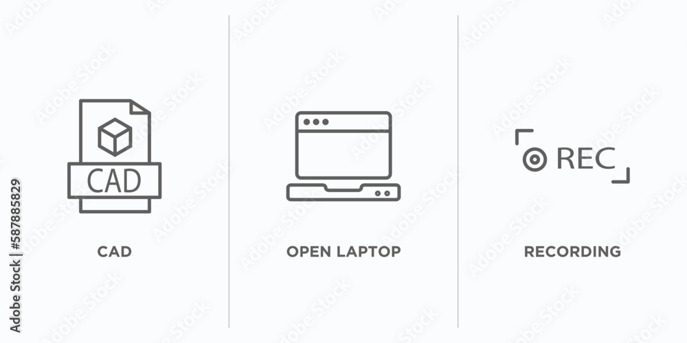 Poster technology outline icons set. thin line icons such as cad, open laptop, recording vector. linear ico