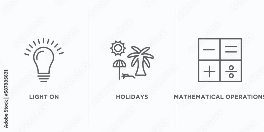 Poster technology outline icons set. thin line icons such as light on, holidays, mathematical operations ve