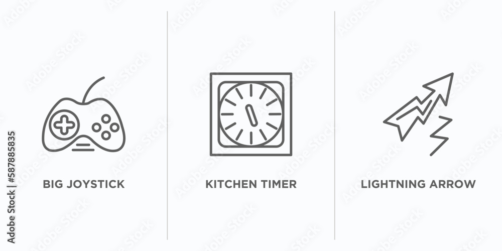 Poster technology outline icons set. thin line icons such as big joystick, kitchen timer, lightning arrow v