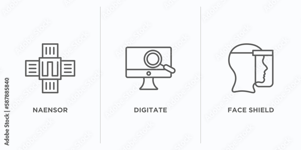 Poster technology outline icons set. thin line icons such as naensor, digitate, face shield vector. linear 
