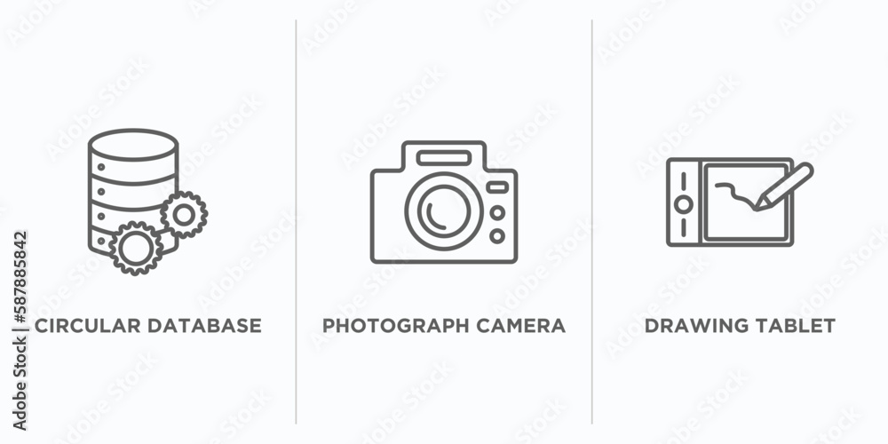 Aufkleber technology outline icons set. thin line icons such as circular database, photograph camera, drawing 