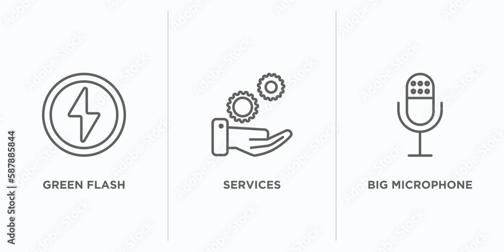 Poster technology outline icons set. thin line icons such as green flash, services, big microphone vector. 