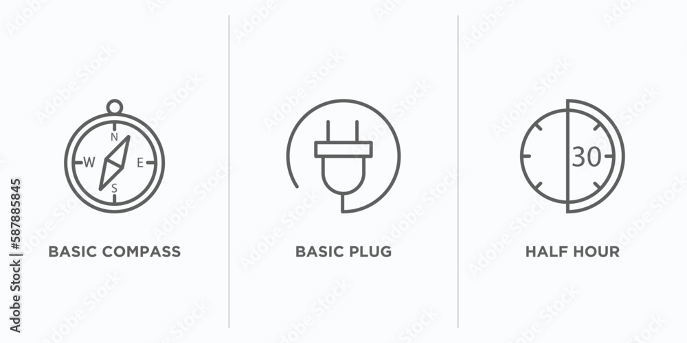 Aufkleber technology outline icons set. thin line icons such as basic compass, basic plug, half hour vector. l