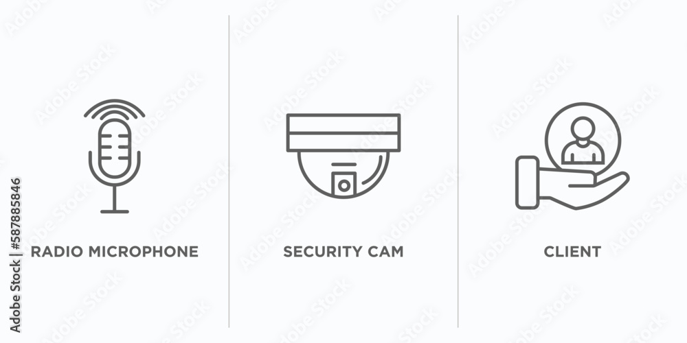 Poster technology outline icons set. thin line icons such as radio microphone, security cam, client vector.
