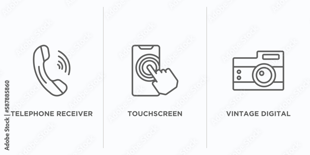 Poster technology outline icons set. thin line icons such as telephone receiver, touchscreen, vintage digit