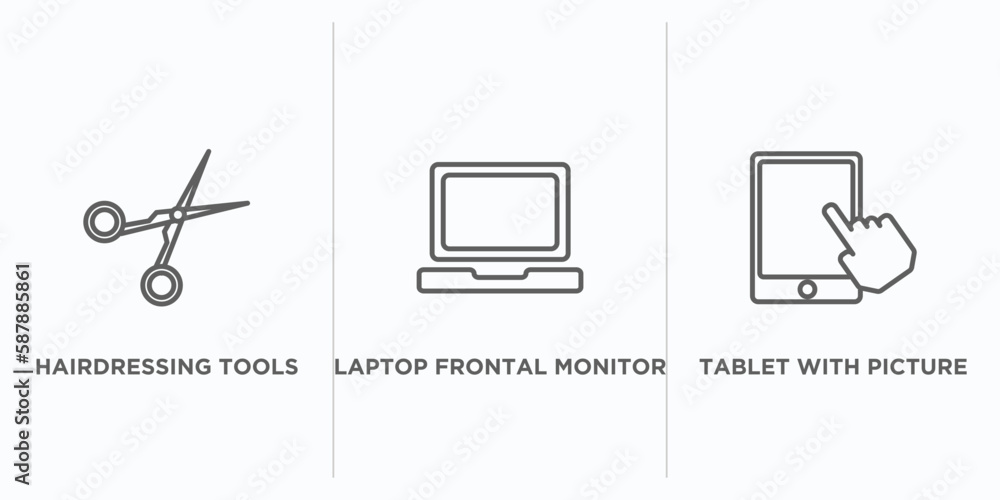 Poster technology outline icons set. thin line icons such as hairdressing tools, laptop frontal monitor, ta