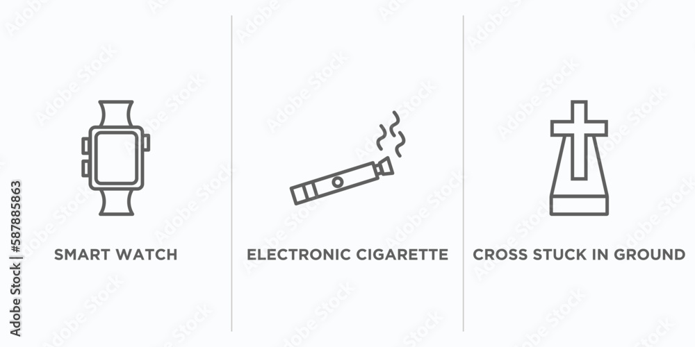 Poster technology outline icons set. thin line icons such as smart watch, electronic cigarette, cross stuck