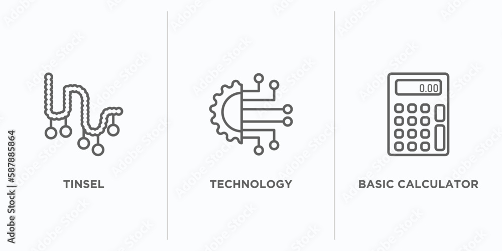 Poster technology outline icons set. thin line icons such as tinsel, technology, basic calculator vector. l
