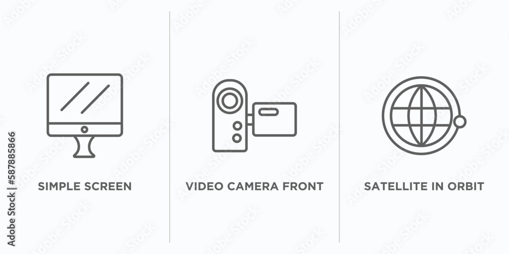 Poster technology outline icons set. thin line icons such as simple screen, video camera front view, satell