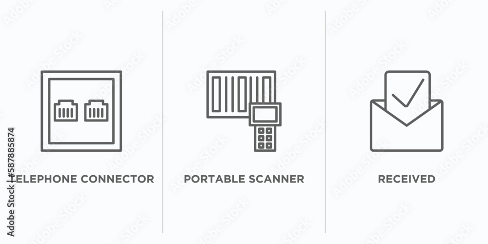 Poster technology outline icons set. thin line icons such as telephone connector, portable scanner, receive