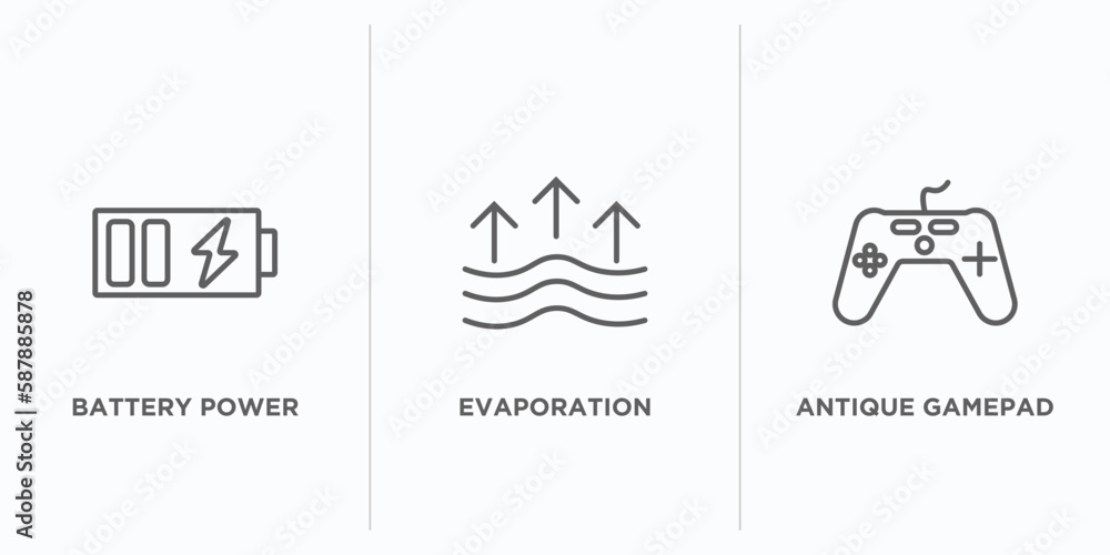Poster technology outline icons set. thin line icons such as battery power, evaporation, antique gamepad ve