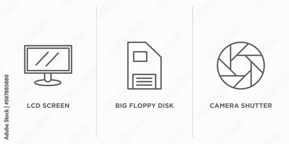 Poster technology outline icons set. thin line icons such as lcd screen, big floppy disk, camera shutter ve