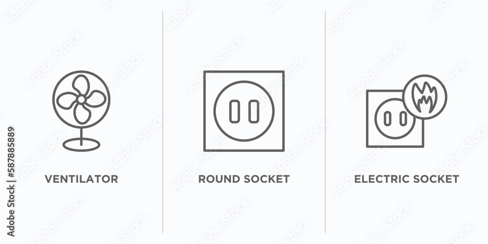 Poster technology outline icons set. thin line icons such as ventilator, round socket, electric socket on f
