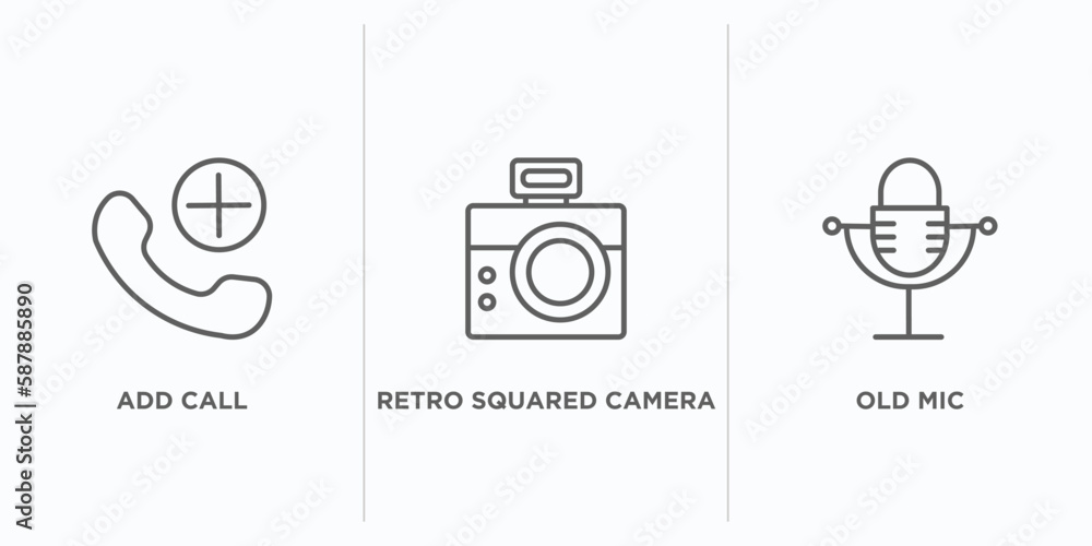Poster technology outline icons set. thin line icons such as add call, retro squared camera, old mic vector