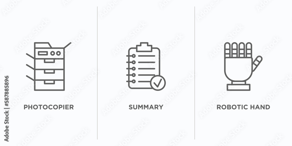 Poster technology outline icons set. thin line icons such as photocopier, summary, robotic hand vector. lin