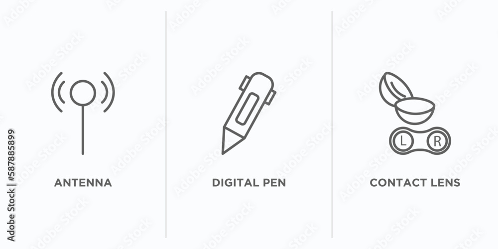 Poster technology outline icons set. thin line icons such as antenna, digital pen, contact lens vector. lin