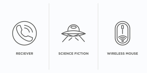 technology outline icons set. thin line icons such as reciever, science fiction, wireless mouse vector. linear icon sheet can be used web and mobile
