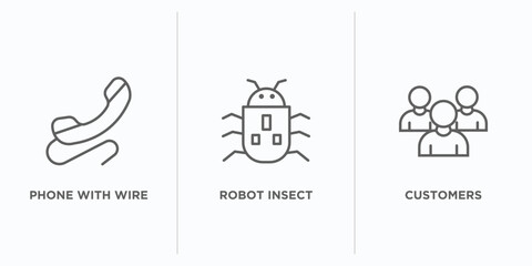 technology outline icons set. thin line icons such as phone with wire, robot insect, customers vector. linear icon sheet can be used web and mobile