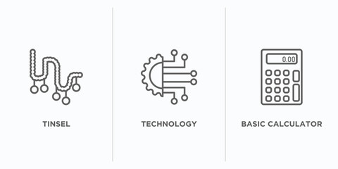 technology outline icons set. thin line icons such as tinsel, technology, basic calculator vector. linear icon sheet can be used web and mobile