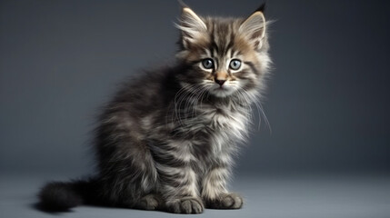 Fototapeta na wymiar Little fluffy kitten on a gray background, animals, pets