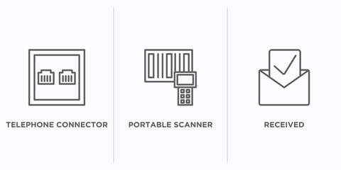 technology outline icons set. thin line icons such as telephone connector, portable scanner, received vector. linear icon sheet can be used web and mobile