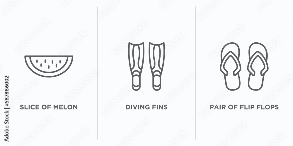 Poster summer outline icons set. thin line icons such as slice of melon, diving fins, pair of flip flops ve
