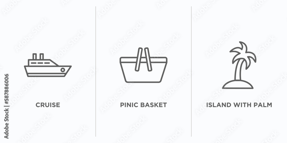 Poster summer outline icons set. thin line icons such as cruise, pinic basket, island with palm trees vecto