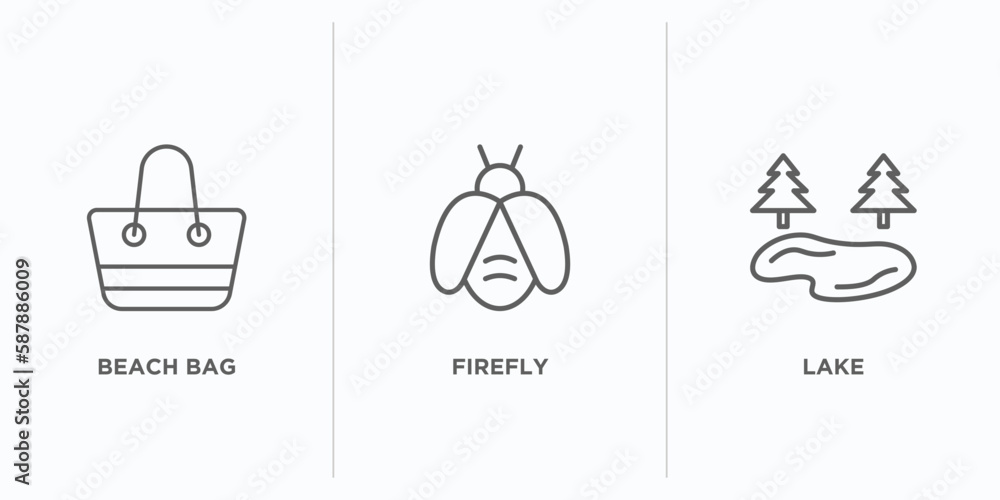 Poster summer outline icons set. thin line icons such as beach bag, firefly, lake vector. linear icon sheet