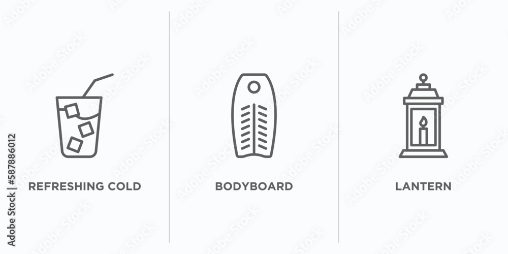 Poster summer outline icons set. thin line icons such as refreshing cold drink, bodyboard, lantern vector. 