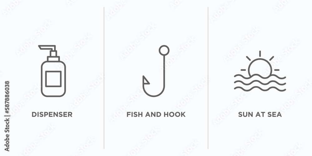 Poster summer outline icons set. thin line icons such as dispenser, fish and hook, sun at sea vector. linea