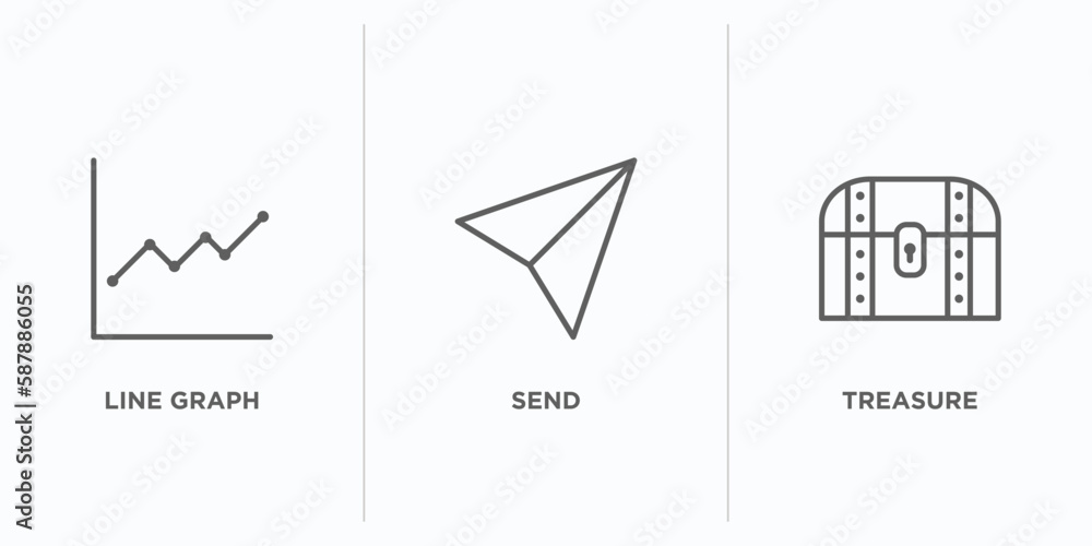 Poster success outline icons set. thin line icons such as line graph, send, treasure vector. linear icon sh